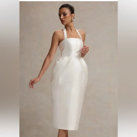 Club L London COSETTA
WHITE HALTER-NECK MIDI DRESS WITH TULIP SKIRT - Picture 9 of 10